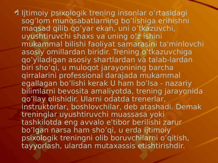 Psixologik trening mashg’ulotlarni tashkil qilish masalalari 2