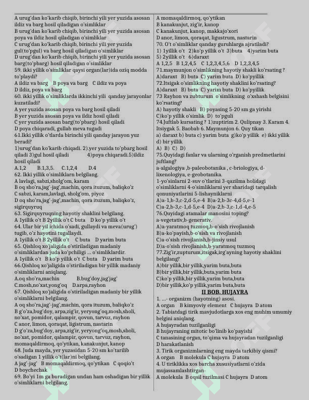 BIOLOGIYA MAVZULASHTIRILGAN TESTLAR TO'PLAMI 6-SINF 5