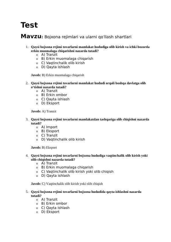 Mavzu: Bojxona rejimlari va ularni qoʻllash shartlari. 50 ta test javoblari bilan