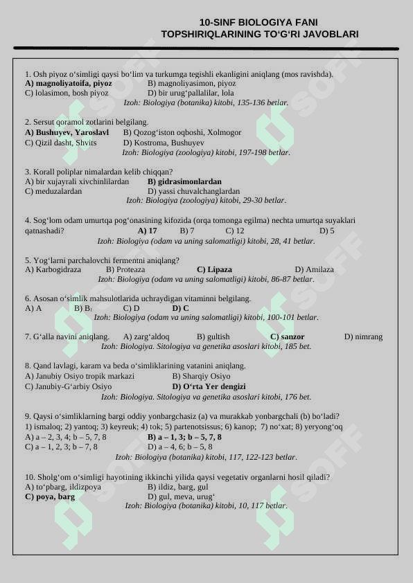 10-SINF BIOLOGIYA OLIMPIADA TESTI 2