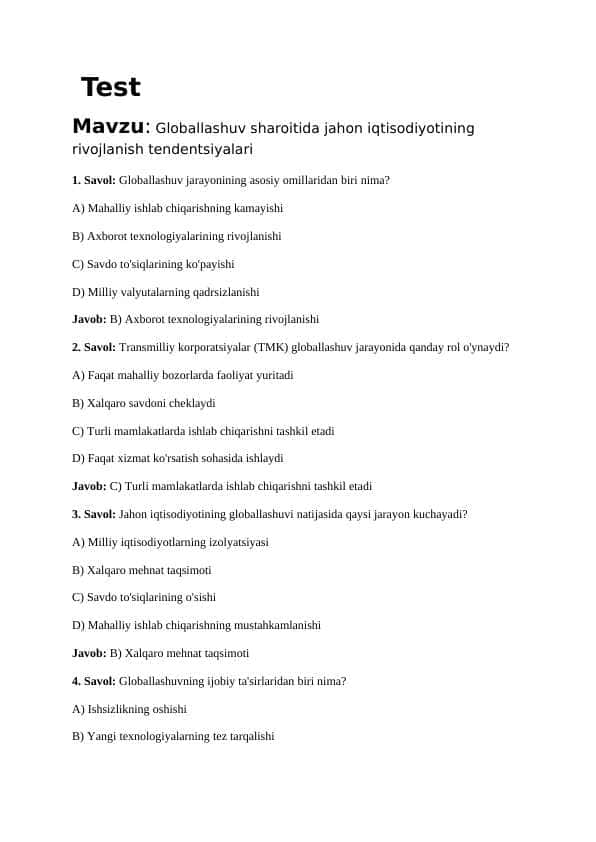 Mavzu: Globallashuv sharoitida jahon iqtisodiyotining rivojlanish tendentsiyalari. 30 TEST JAVOBLARI BILAN