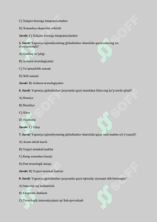 Globallashuv jarayonlari sharoitida Yaponiya iqtisodiyotining rivojlanish xususiyatlari.TEST JAVOBLARI BILAN 2