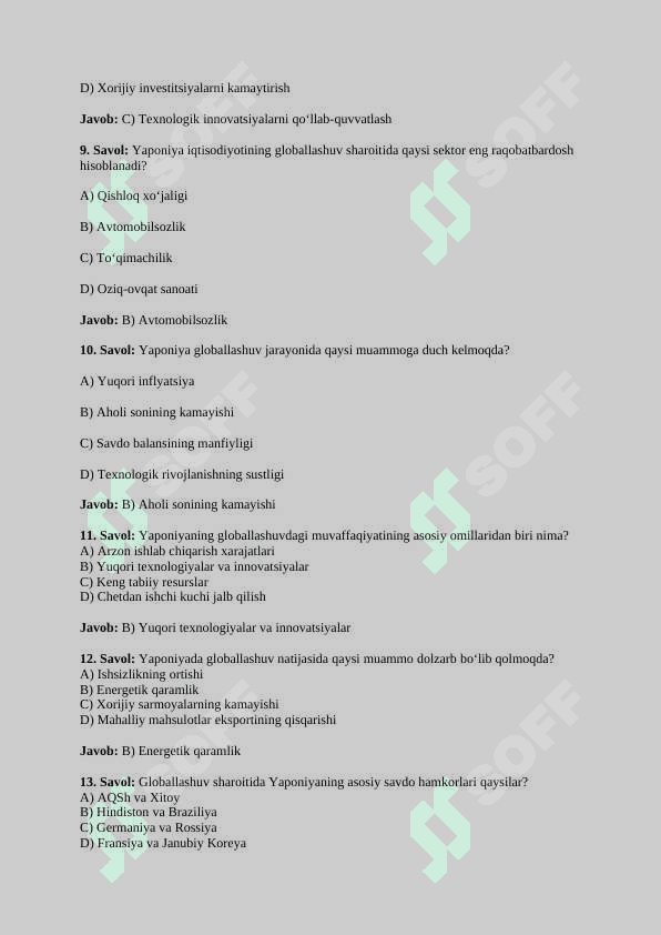 Globallashuv jarayonlari sharoitida Yaponiya iqtisodiyotining rivojlanish xususiyatlari.TEST JAVOBLARI BILAN 3