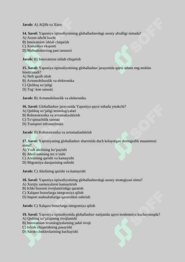 Globallashuv jarayonlari sharoitida Yaponiya iqtisodiyotining rivojlanish xususiyatlari.TEST JAVOBLARI BILAN 4