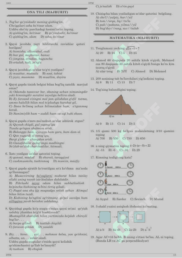 Matematika Ingliz tili blok test 2