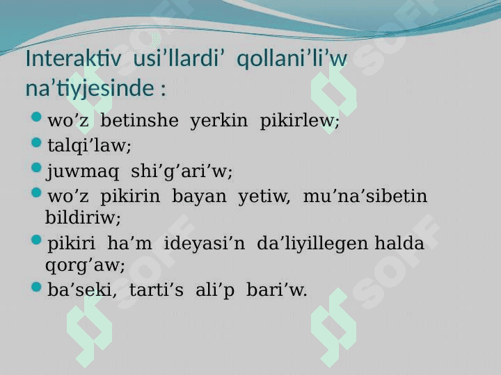 A’debiyat   sabaqlari’n  interaktiv usi’llar  tiykari’nda  sho’lkemlestiriwdin’  na’tiyjeli     usi’llari’ 4