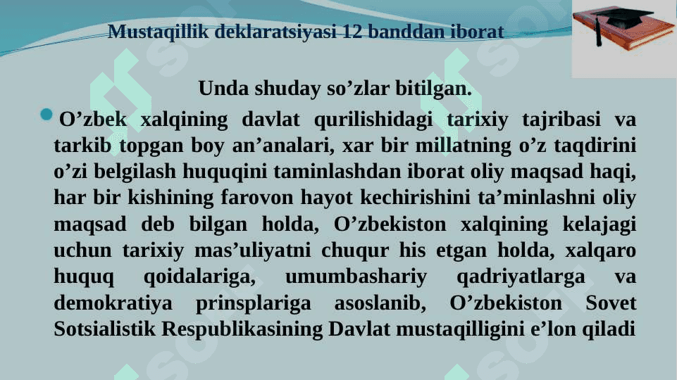 Mustaqil O‘zbekiston Respublikasining tashkil topishi va uning tarixiy ahamiyati. 6