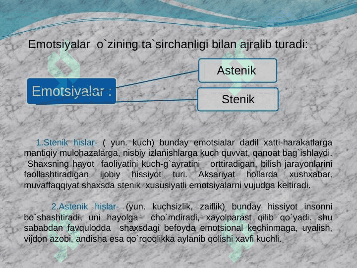 Emotsional ta`sirlarga javob berish va uning har xil turlari xarakteristikasi 7