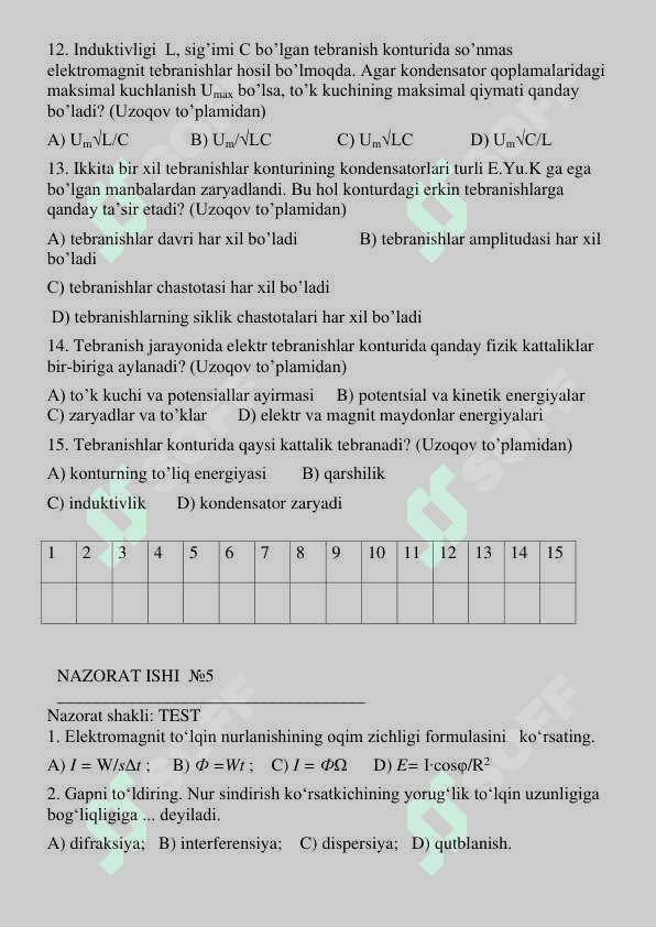 11-sinf nazorat Laboratoriya ishi  FIZIKA 8