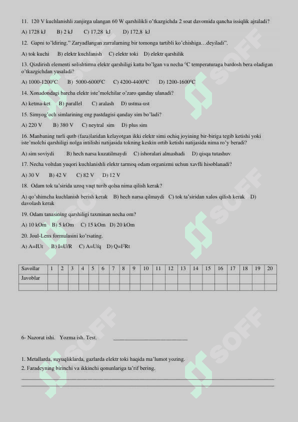 8-sinf Nazorat ishi va Laboratoriya ishi 7