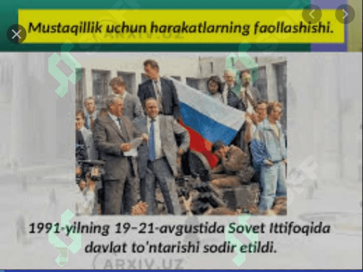 O’zbekistonda davlat mustaqilligining qo’lga kiritilishi. Huquqiy demokratik davlat qurish va fuqarolik jamiyat asoslarini shakllantirish 3