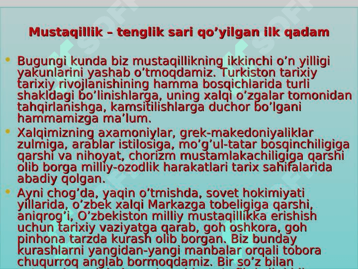 O’zbekistonda davlat mustaqilligining qo’lga kiritilishi. Huquqiy demokratik davlat qurish va fuqarolik jamiyat asoslarini shakllantirish 4