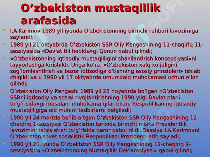 O’zbekistonda davlat mustaqilligining qo’lga kiritilishi. Huquqiy demokratik davlat qurish va fuqarolik jamiyat asoslarini shakllantirish 5