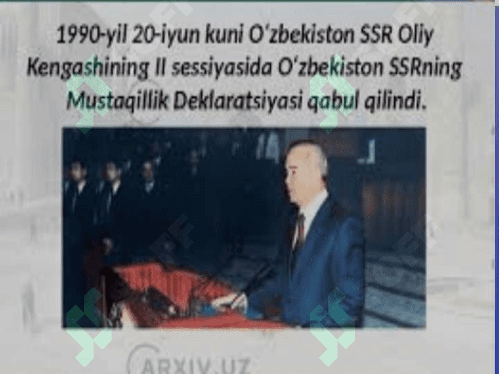 O’zbekistonda davlat mustaqilligining qo’lga kiritilishi. Huquqiy demokratik davlat qurish va fuqarolik jamiyat asoslarini shakllantirish 7