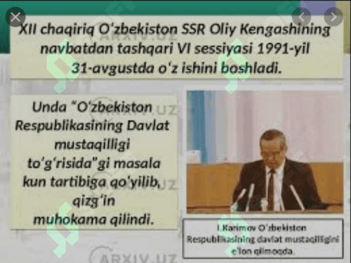 O’zbekistonda davlat mustaqilligining qo’lga kiritilishi. Huquqiy demokratik davlat qurish va fuqarolik jamiyat asoslarini shakllantirish 8