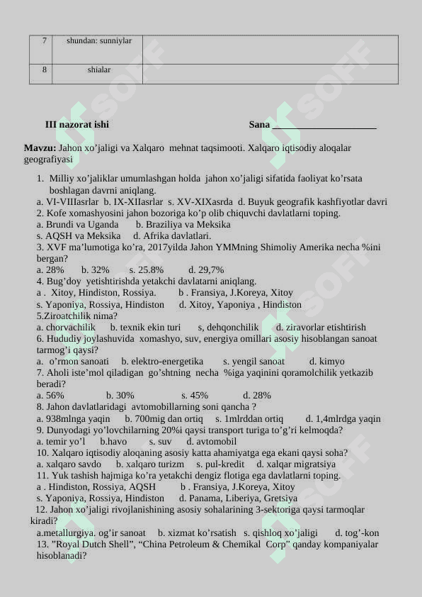 9-sinf geografiya nazorat ishi 6