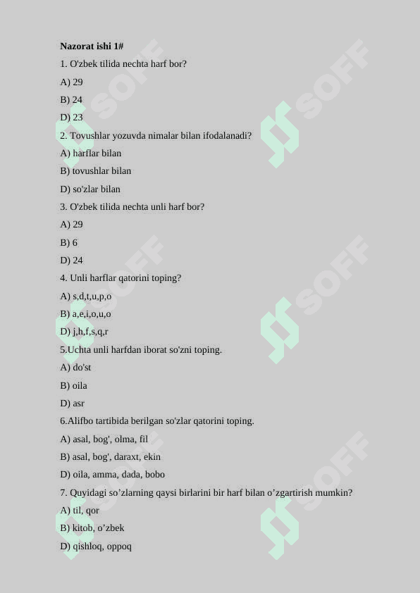 1-sinf nazorat test 3