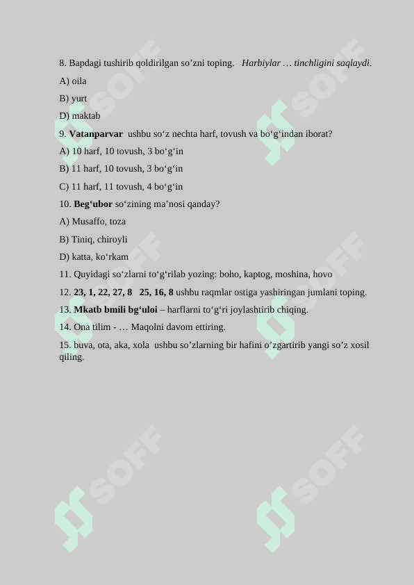 1-sinf nazorat test 4