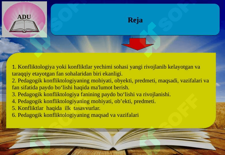 Pedagogik konfiliktologiyaning mohiyati,     obyekti,predmeti, maqsad,vazifalari va fan sifatida paydo bo‘lishi. 2