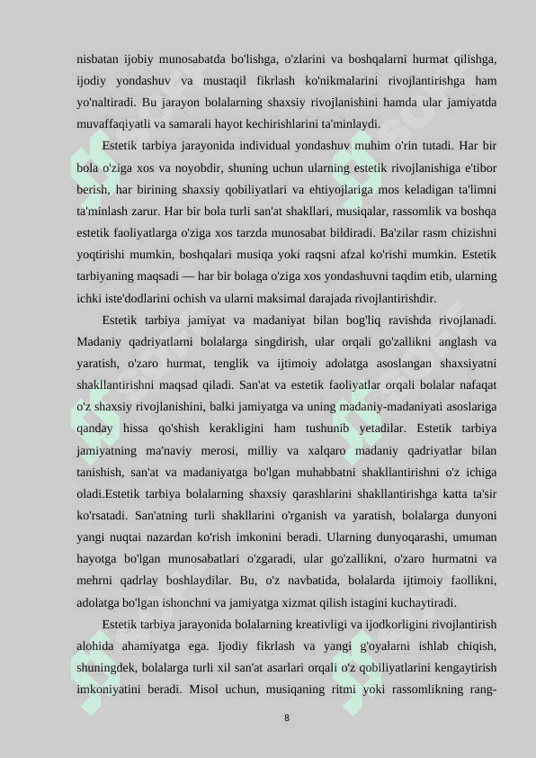 MAKTABGACHA YOSHDAGI BOLALARGA ESTETIK TARBIYA BERISH VAZIFALARI,METODLARI,VOSITALARI 7