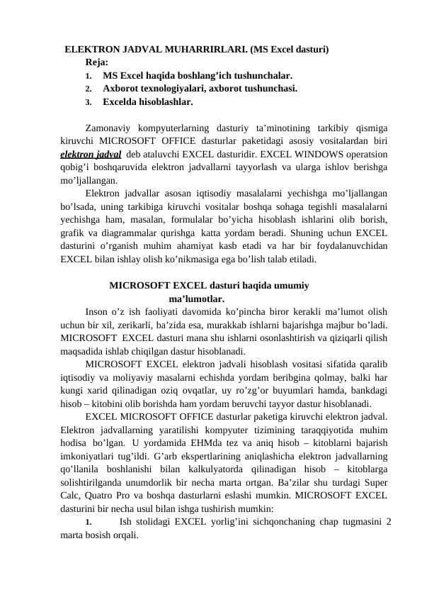 ELEKTRON JADVAL MUHARRIRLARI. (MS Excel dasturi)