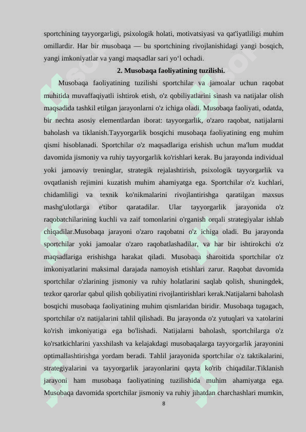 Sportchining musobaqa faoliyati,musobaqa faoliyatining tuzilishi. 8