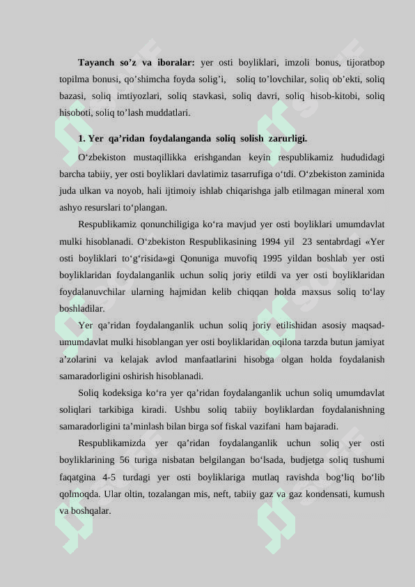YER QA’RIDAN FOYDALANUVCHILAR UCHUN SOLIQLAR VA MAXSUS TO‘LOVLAR. SUV RESURSLARIDAN FOYDALANGANLIK UCHUN SOLIQ 2