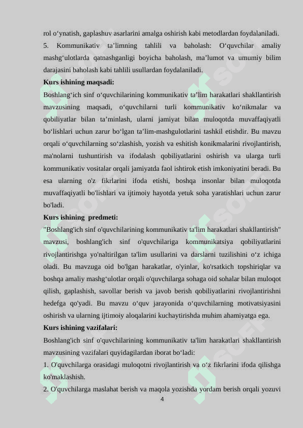 BOSHLANGʻICH SINF OʻQUVCHILARINING KOMMUNIKATIV TAʼLIM HARAKATLARI SHAKLLANTIRISH 4