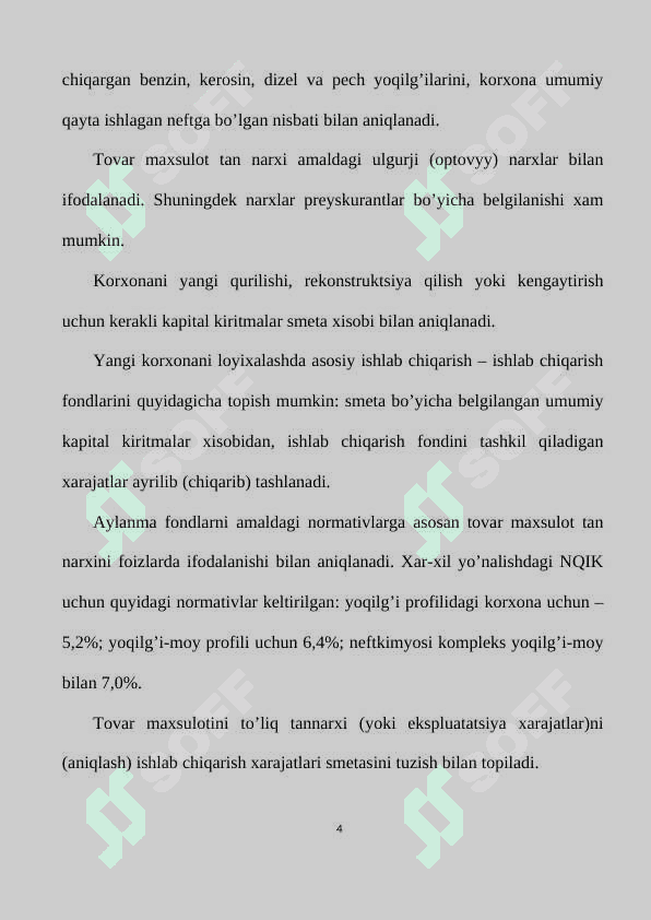 Neft va gazni qayta ishlash korxonalarini (NQIK) va neft kimyosi korxonalari (NKK) texnik-iqtisodiy asoslash ko‘rsatkichlari. Biznes reja tuzish. 4