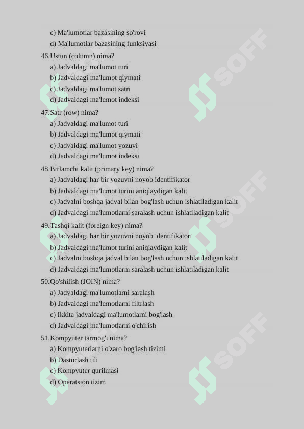 IT Informatika fanidan 100 talik test 8