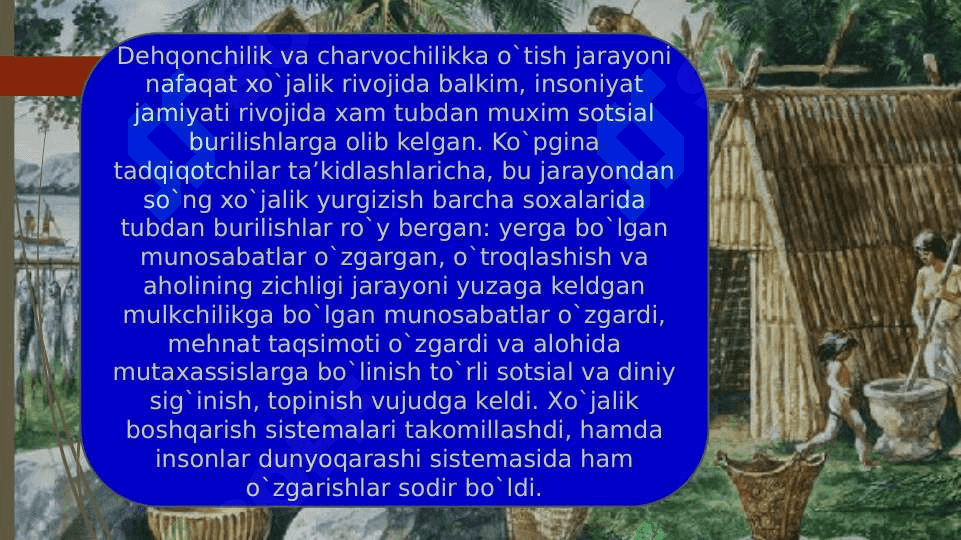 Qadimgi dunyoning turli hududlarida ishlab chiqarishning rivojlanish darajasini taqqoslash (mezolit, neolit, eneolit, bronza, ilk temir davri) 7