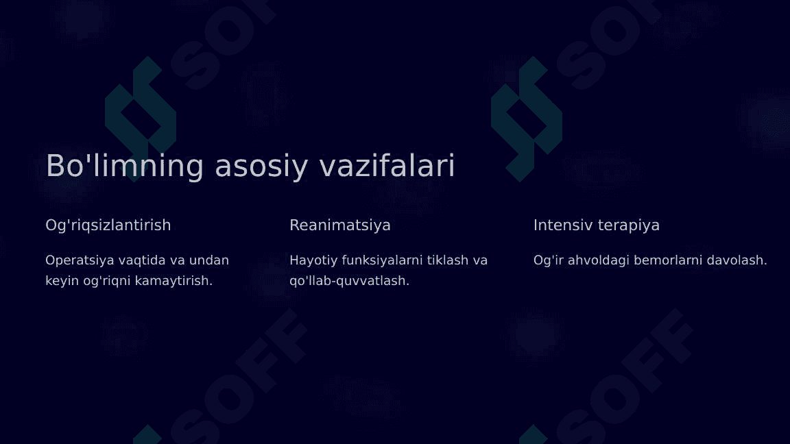 Anesteziyologiya va reanimatsiya boʻlimi tuzilishi, narkoz turlari, narkoz apparatlarini zararsizlantirish 3