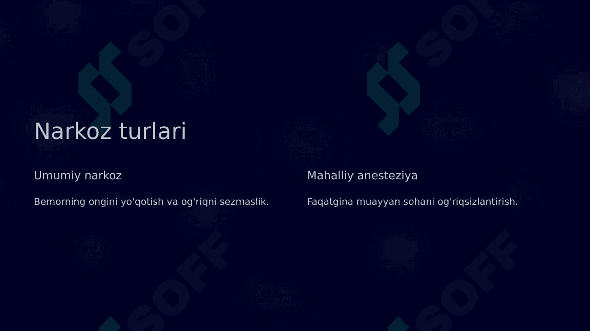 Anesteziyologiya va reanimatsiya boʻlimi tuzilishi, narkoz turlari, narkoz apparatlarini zararsizlantirish 6
