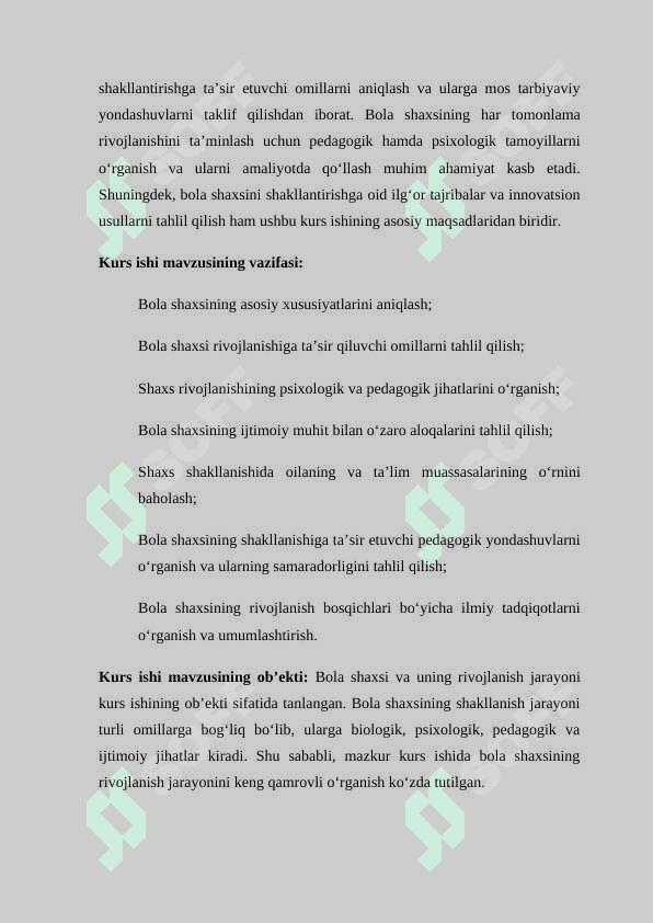 Bola shaxsi, vazifalari KURS ISHI 3