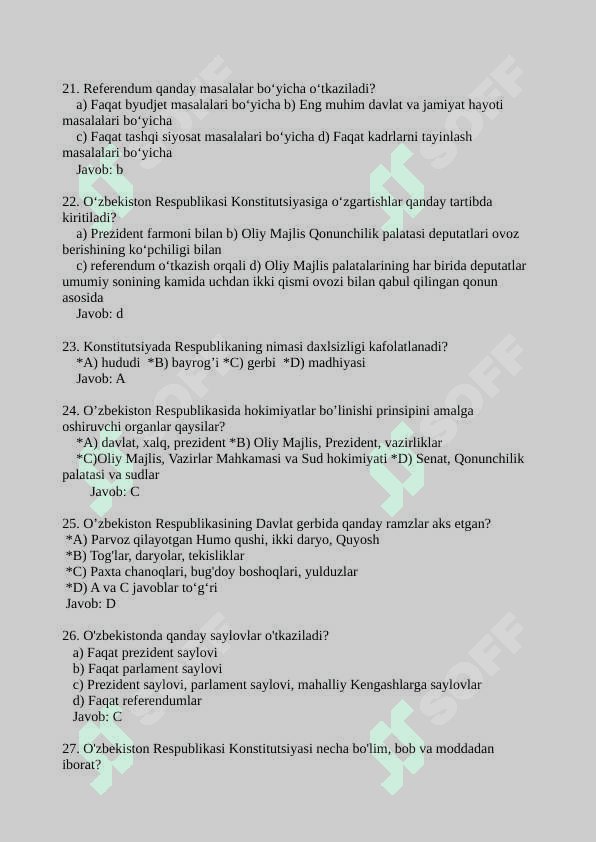 YANGI O'ZBEKISTON KONSTITUTSIYASI BO'YICHA 100 TA TEST 4