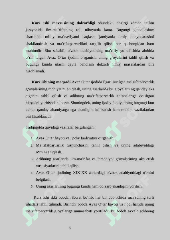 Avaz O’tar ijodida ma'rifatparvarlik g'oyalarining ifodalanishi KURS ISHI 5