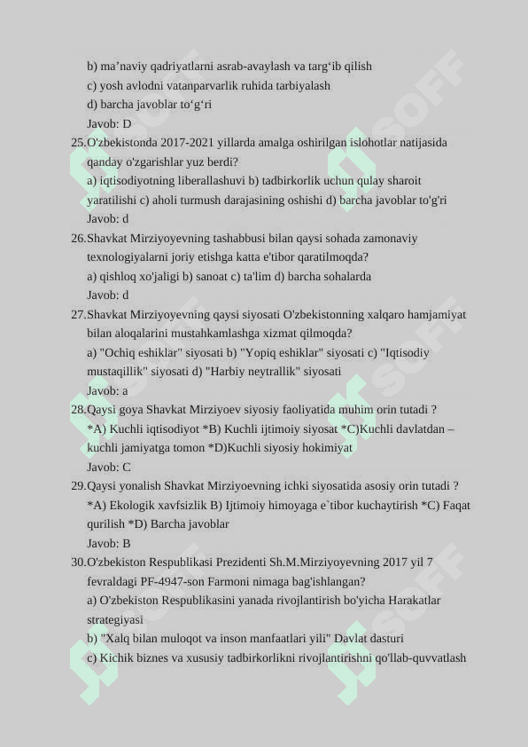 O'zbekiston Respublikasi Prezidenti Shavkat Mirziyoyev faoliyatiga oid 100 ta test 6