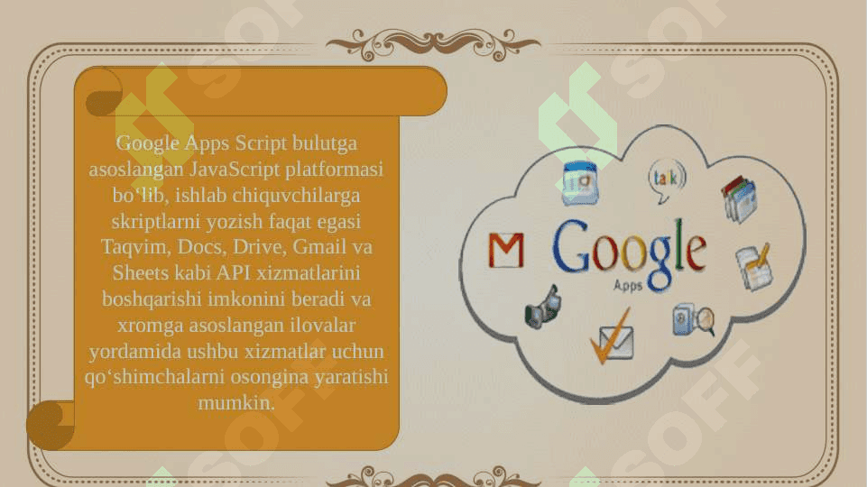 Web muhitida Google apps(Google disk,Google hujjatlar,Google taqvim, Google hangouts,(messenger),Google Bloge hujjatlarda ishlash. 6