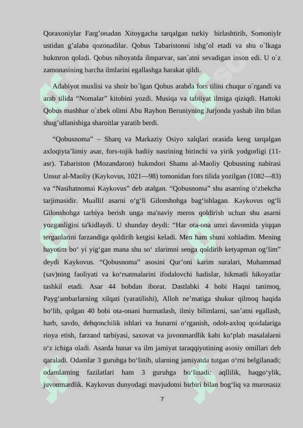 AXLOQIY TARBIYADA KAYKOVUSNING QOBUSNOMA ASARIDAN FOYDALANISH 7