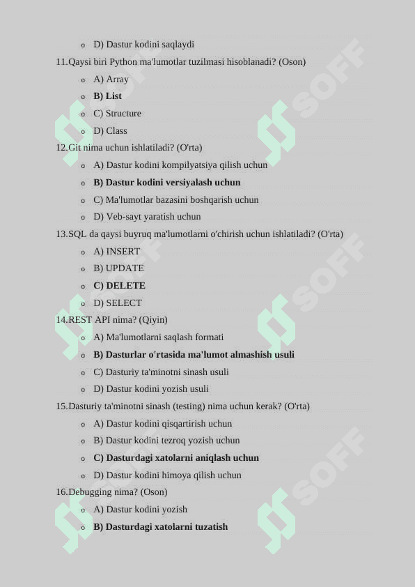 IT DASTURLASH TEST SAVOLLARI 100TA TEST 3