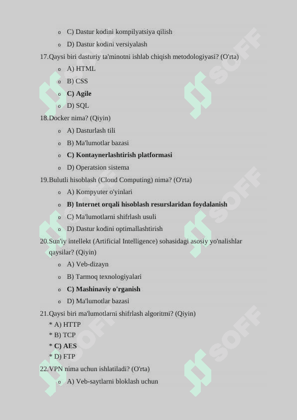 IT DASTURLASH TEST SAVOLLARI 100TA TEST 4