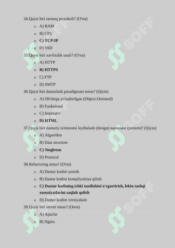 IT DASTURLASH TEST SAVOLLARI 100TA TEST 7