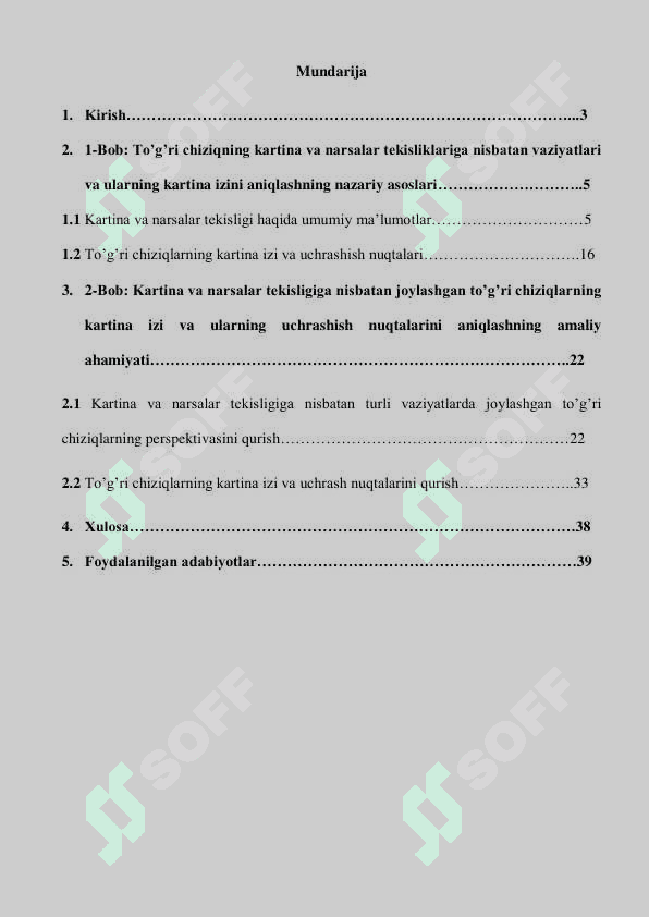 Kartina va narsalar tekisligiga nibatan turli vaziyatda joylashgan to'g'ri chiziqlarning perspektivasini qurish va ularning kartina izi hamda uchrashish nuqtalarini aniqlash 2