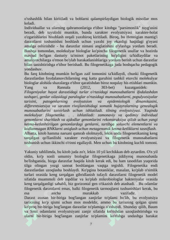 Filogenetik daraxtlar. Klasterlash metodlari 7