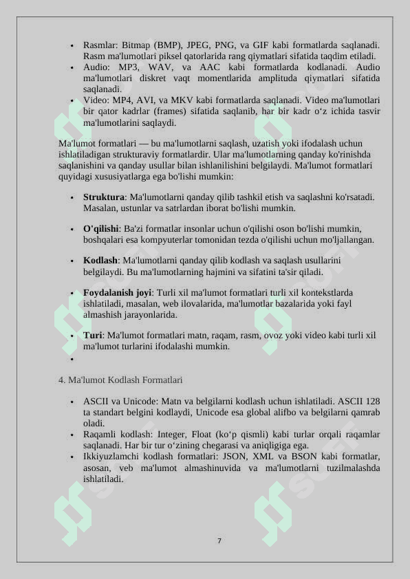 Ma'lumotlar formatlari ,  turlari va  kompyuterda  ma'lumotlarning aks ettirilishi 7