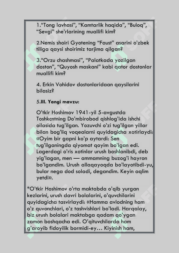 O'tkir Hoshimov hayoti va ijodi dars ishlanma 1 soatlik 3
