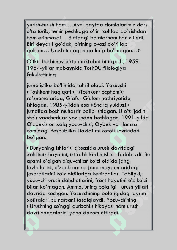 O'tkir Hoshimov hayoti va ijodi dars ishlanma 1 soatlik 4