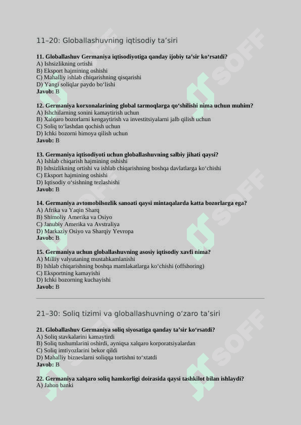 Mavzu: Germaniya iqtisodiyoti va uning rivojlanishida globallashuv ta’siri. TEST JAVOBLARI BILAN 2