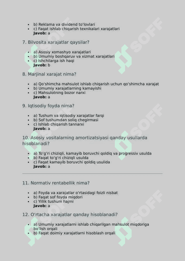 Mavzu: Tadbirkorlik subyektlarida ishlab chiqarish xarajatlari . TEST JAVOBLARI BILAN 2
