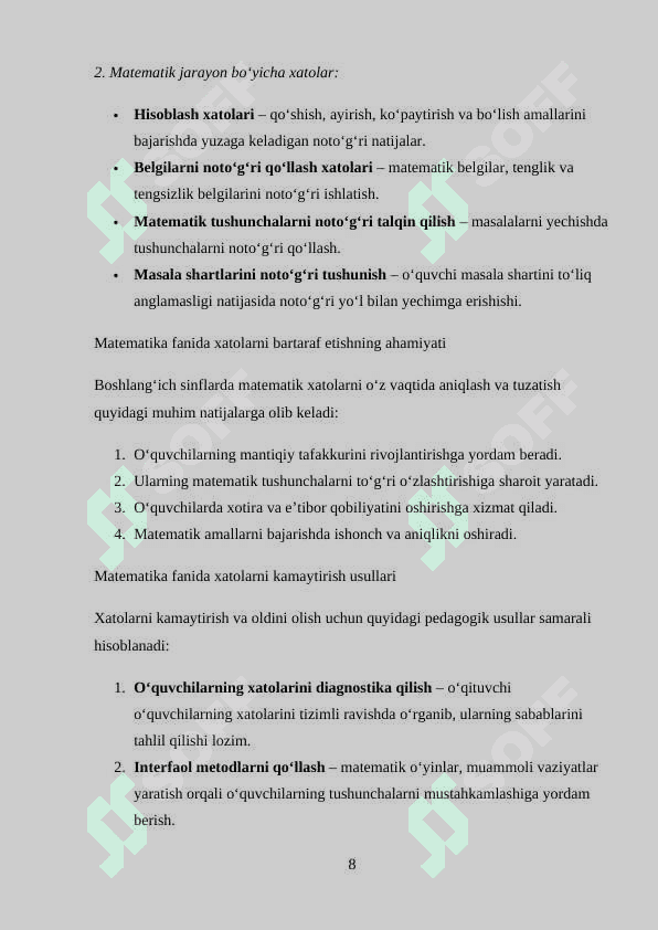 Boshlang'ich sinfda xatolarni aniqlash va uni bartaraf qilish yòllari kurs ishi 8